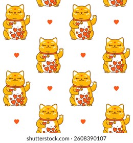 Seamless pattern with cute сartoon maneki neko on white  - funny asian background for Your kawaii design