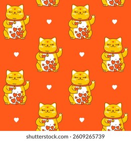 Seamless pattern with cute сartoon maneki neko on red  - funny asian background for Your kawaii design