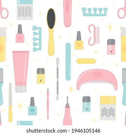 Seamless pattern with cute manicure tools. Nail polishes, nail file, UV lamp, cream, etc. Vector illustration.