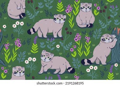 Seamless pattern with cute manul cats and flowers. Vector graphics.