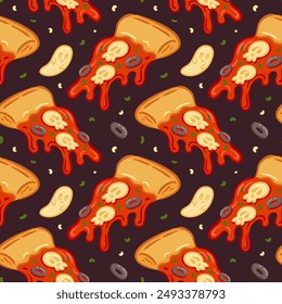 Seamless pattern of cute Margherita pizza slice with scary Halloween decoration. Cheese ghosts and mozzarella skull. Colorful fantasy food illustration. For cafe, fabric, packaging, background.