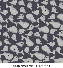 Seamless pattern with cute marine animals. Whale and fur-seal.
