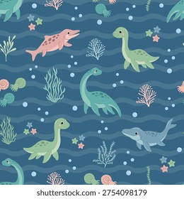 Seamless pattern with cute marine dinosaurs and underwater life