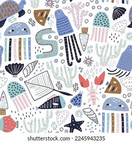 Seamless pattern with cute marine inhabitants. Creative childish undersea background. Perfect for kids apparel,fabric, textile, nursery decoration,wrapping paper.Vector Illustration