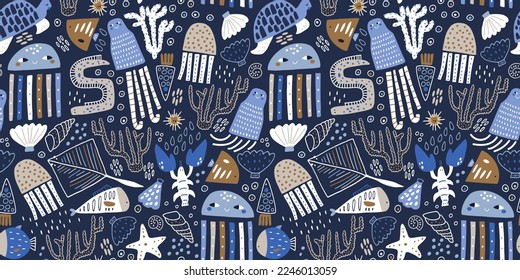 Seamless pattern with cute marine inhabitants. Creative childish navy undersea background. Perfect for kids apparel,fabric, textile, nursery decoration,wrapping paper.Vector Illustration