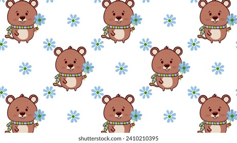 Seamless pattern with cute marmot and flowers. Vector illustration.