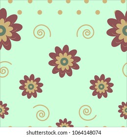 Seamless pattern the cute maroon flowers with dots on the light green background.Can be used to create paper for wrapping gifts, wallpaper, fabrics, home textiles and background for website. Vector 