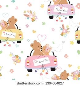 seamless pattern. cute married couple  teddy bear in wedding car with floral and heart backgroud,illustration vector comic art.