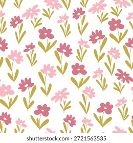 Patrón sin fisuras con lindas flores de prado. Flores Pequeñas de color rosa y borgoña sobre un fondo blanco. Ilustración vectorial, fondo de estilo de dibujos animados.