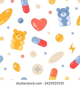 Seamless pattern with cute medical pills and capsules on white background. Treatment and health care. Medicines, tablets, gummy bear, painkillers and vitamins. Cartoon flat vector illustration