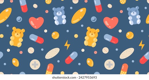 Patrón sin fisuras con lindas píldoras médicas y cápsulas sobre fondo azul oscuro. Tratamiento y atención sanitaria. Medicamentos, tabletas, gomitas de oso, analgésicos y vitaminas. Ilustración de vector plano de dibujos animados