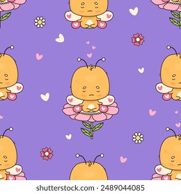 Seamless pattern with cute meditating butterfly on flower on violet purple background. Vector illustration. Cartoon insect kawaii character. Kids collection