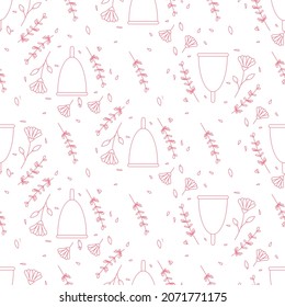 Seamless pattern with cute menstrual cups and flowers. Vector illustration