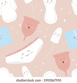 Patrón sin brillo objetos de período menstrual lindo. Varios productos de higiene femeninos lindos de emojis incluyendo objetos de basura cero. Bragas de mujeres, tampón, toallas, taza. С artoon kawaii textura vectorial aislada