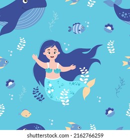Seamless pattern with cute mermaid, blue whale with fish, seaweed and pearls on blue background. Vector illustration with sea animals and underwater world for kids collection, design, decor, wallpaper