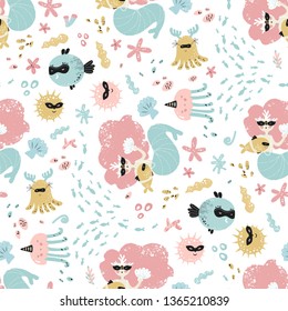 Seamless pattern with cute mermaid carnival mask in cartoon style, sea animals and elements, fish, jellyfish, starfish. Vector illustration for kids print, fabric design. Nursery decoration