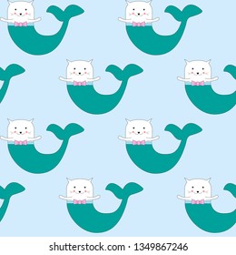 seamless pattern with cute mermaid cat. Creative childish cute blue -green texture. Great for wrapping, fabric, kids clothes. Vector Illustration