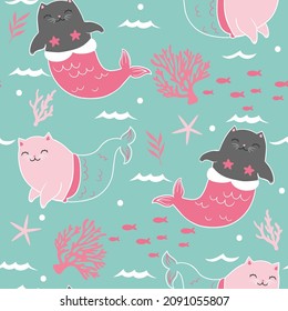 Seamless pattern with cute mermaid cats. Vector graphics.