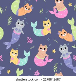 Seamless pattern of cute mermaid cats. Vector graphics.