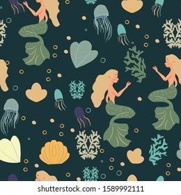 Seamless pattern of a cute mermaid with colorful hair and other underwater elements