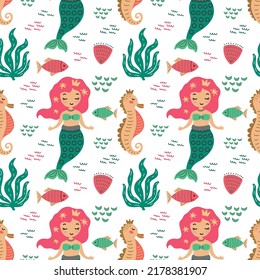 Patrón sin foco con una sirena linda, peces, caballitos de mar y algas sobre un fondo blanco. Gráficos vectoriales para el diseño de papeles pintados, textiles, papel de envoltura, ropa, almohadas, bolsas.