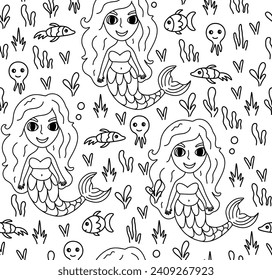 Seamless pattern with cute mermaid and fish in doodle style