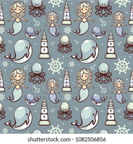 Seamless pattern with cute mermaid, funny whale, octopus, anchor, helm and lighthouse. Sea vector illustration. Template for fabric and wrapping.
