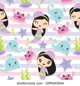 Seamless pattern of cute mermaid girl and sea elements on striped background vector cartoon illustration for kid wrapping paper, kid fabric clothes, and wallpaper