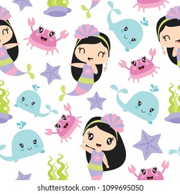 Seamless pattern of cute mermaid girl and sea elements vector cartoon illustration for kid wrapping paper, kid fabric clothes, and wallpaper