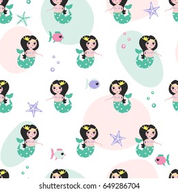 Seamless pattern with cute mermaid in green suit, fish and starfish on a white background with pink and green spots.