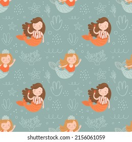 Seamless pattern with cute mermaid on blue background. Sea digital background with vector hand drawn elements. Seamless pattern for kids fabric, textile and scrapbook paper.