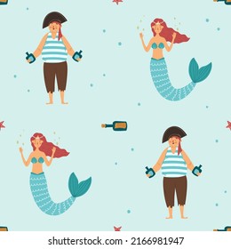 Seamless pattern with cute mermaid and pirate. Vector illustration. A bottle of rum and a secret message in a bottle. Pirate collection. Graphic print for fabrics, gift paper, cards and baby items