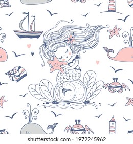 Seamless pattern with cute mermaid and sea creatures. Vector.