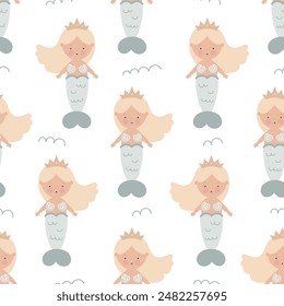 Seamless pattern with cute mermaid. Sea character. For for kids design, fabric, wrapping, cards, textile, wallpaper, apparel. Isolated vector cartoon illustration in flat style on white background.