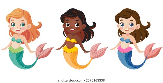 Seamless pattern of cute mermaid sea princesses isolated on a white background. Mermaids of European and African race.  A hand-drawn vector illustration. 