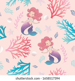 Seamless pattern with cute mermaid, shells, corals, starfish, decor elements. Hand drawing for kids.  Children artworks for fabric, textile, print, wrapper.