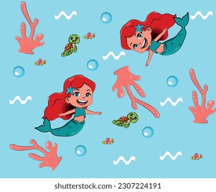 Seamless pattern with cute mermaid, starfish, corals, decor elements. Hand drawing for children. Vector illustration pattern for fabric, textile, print, wrapping.