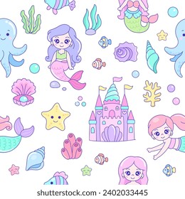 Seamless pattern of cute mermaid and underwater animal stickers icon