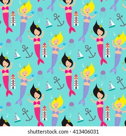 Seamless pattern with cute mermaids