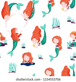 Seamless pattern with cute mermaids. Can be used for wrapping, fabric background. Stock vector