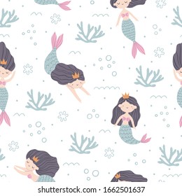 Seamless pattern with cute mermaids, corals and dots on white background. Vector illustration.