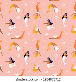 Seamless pattern with cute mermaids and corals in pastel color. Beautiful girl character with trident. Sea princess art concept. Hand drawn flat vector illustration.