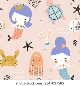 Seamless pattern with cute mermaids. Creative childish underwater texture. Great for fabric, textile Vector Illustration