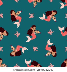 Seamless pattern with cute mermaids. Design for fabrics, textiles, wallpaper, packaging