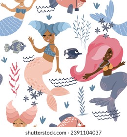 Seamless pattern of cute mermaids, fishes, seaweed and corals, vector illustration in flat style, cartoon textile ornament