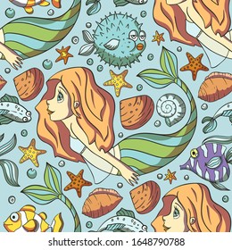 Seamless pattern with cute mermaids. Hand drawn childish vector illustration. Underwater girl vector trendy texture is perfect for fabric, textile and wrapping. Fantasy marine kid art.