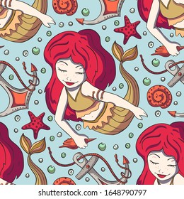 Nahtlose Muster mit süßen Meerjungfern. Handgezeichnete kindliche Vektorillustration mit Unterwassermädchen, Anker und Seestern. Perfekt für Stoff, Textilien und Umhüllung. Fantasy Marine Kind Kunst.