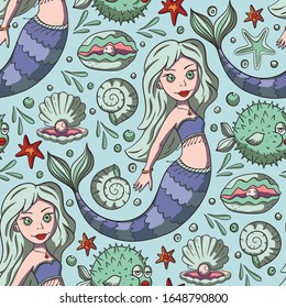 Seamless pattern with cute mermaids. Hand drawn childish vector illustration. Underwater girl with pearl shell and fishes. Fantasy marine kid art.