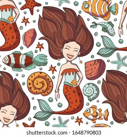 Seamless pattern with cute mermaids. Hand drawn childish vector illustration. Underwater happy girl vector trendy texture is perfect for fabric and textile. Fantasy marine kid art.