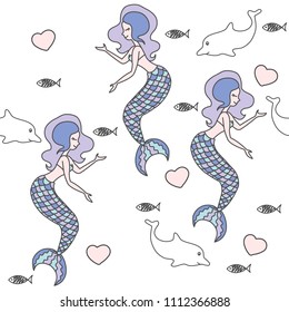 Seamless pattern with cute mermaids, heart, dolphins,  on white background.
